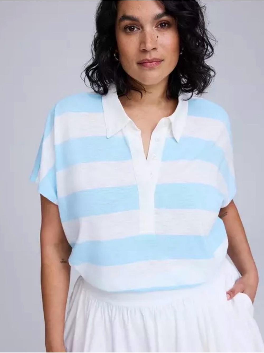 torrid Light Blue and White Striped Polo Tee